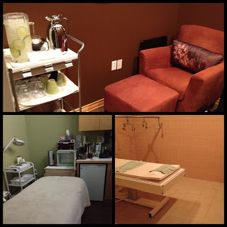 A collage from Josephine's Day Spa shows a waiting area with a chair and drink cart, a treatment room with a bed and equipment, and a separate room with two spa treatment tables.