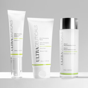 Three Ultraceuticals skincare essentials shine against a neutral background: a 30 ml antioxidant serum, a 75 ml energizing mask, and a 30 ml skin-perfecting serum. | Josephine's Salons and Spas