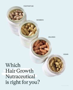 Nutrafol hair growth supplements in four varieties on a blue backdrop, perfect for luxury Houston salon and spa wellness and beauty. | Josephine's Salons and Spas | Houston, TX