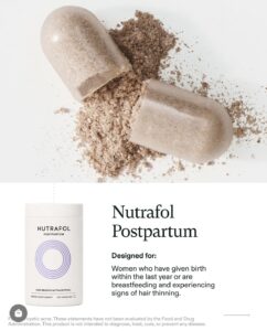 Nutrafol Postpartum bottle and open supplement capsule, natural hair growth support for new moms at luxury Houston Aveda salon & spa. | Josephine's Salons and Spas | Houston, TX