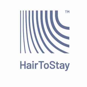 HairToStay logo with elegant curved square and blue text, supporting scalp cooling and hair wellness at luxury Houston salon and spa. | Josephine's Salons and Spas | Houston, TX