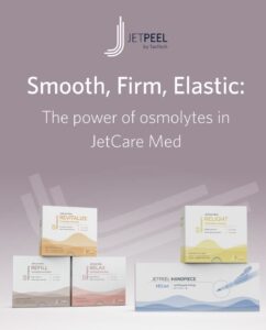 JetCare Med skin care and JetPeel handpiece box displayed, with "Smooth, Firm, Elastic: Skin Rejuvenation" on elegant purple backdrop. | Josephine's Salons and Spas | Houston, TX