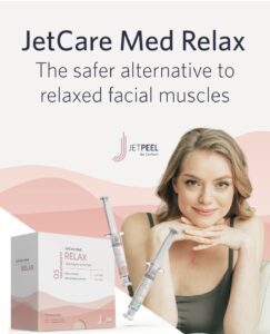 Smiling woman relaxes by JetCare Med Relax box and syringes, promoting advanced skin rejuvenation at luxury Houston Aveda spa. | Josephine's Salons and Spas | Houston, TX