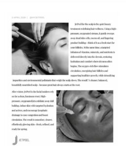 A client enjoys a luxurious JetPeel scalp treatment at a Houston Aveda salon and spa, relaxing with eyes closed as an expert attendant applies the device. Treatment details are displayed nearby. | Josephine's Salons and Spas | Houston, TX