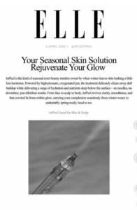 A magazine page from “ELLE” highlights JetPeel facial treatments for glowing skin at a luxury Aveda salon and spa in Houston, TX, with a black-and-white skincare device spraying mist. | Josephine's Salons and Spas | Houston, TX