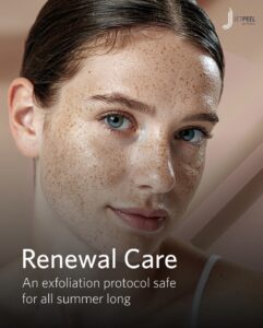 Close-up of a woman with freckles and blue eyes, glowing skin after a luxury JetPeel exfoliation at an Aveda salon and spa in Houston, TX, under the headline “Renewal Care.”. | Josephine's Salons and Spas | Houston, TX